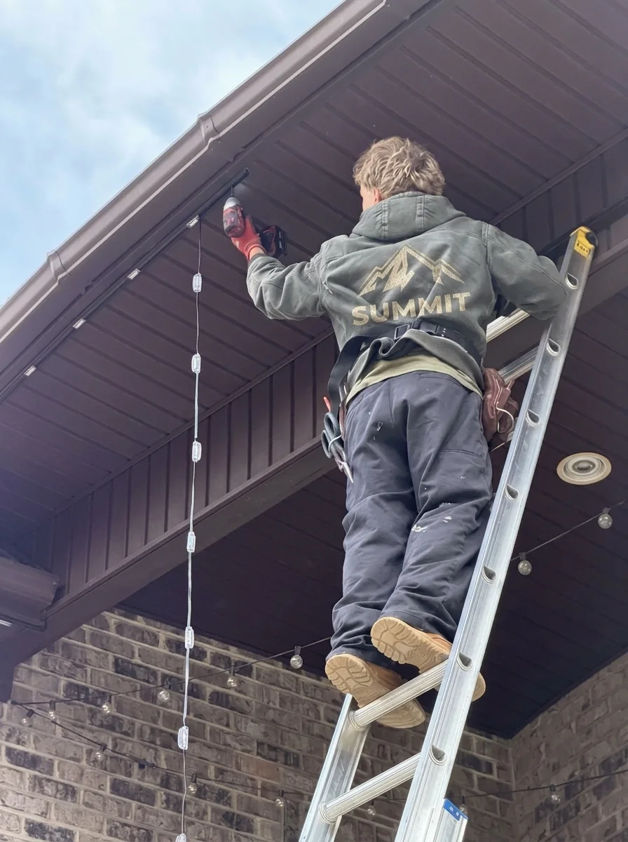 A Summit crew member on a ladder installing lighting under a roofline