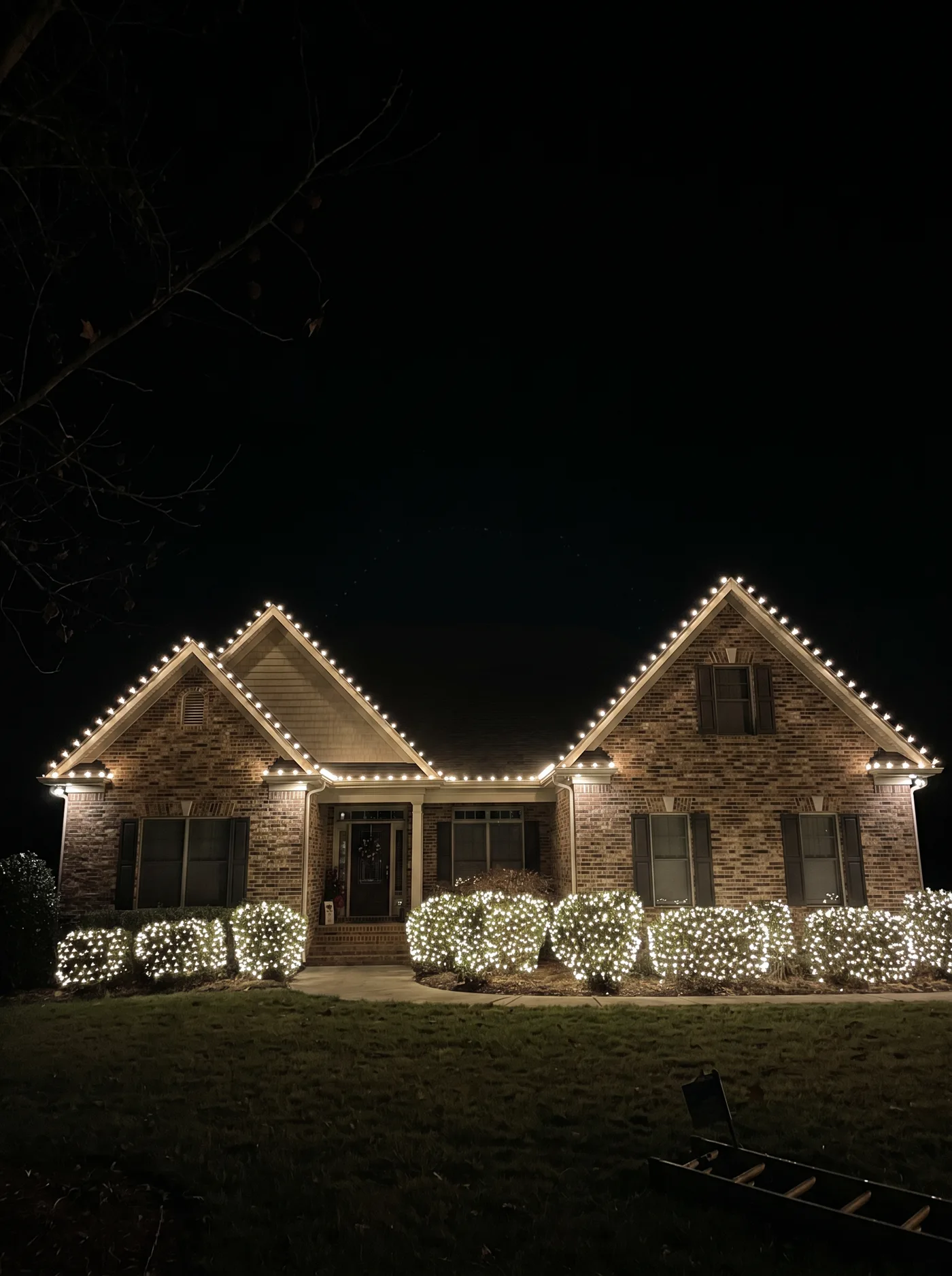 Brick ranch with warm-white rooflines and net-lit shrubs