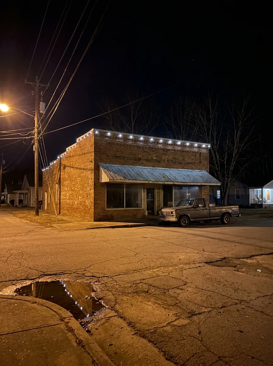 Old brick storefront on a small-town street at night with dim white permanent LED points along the parapet